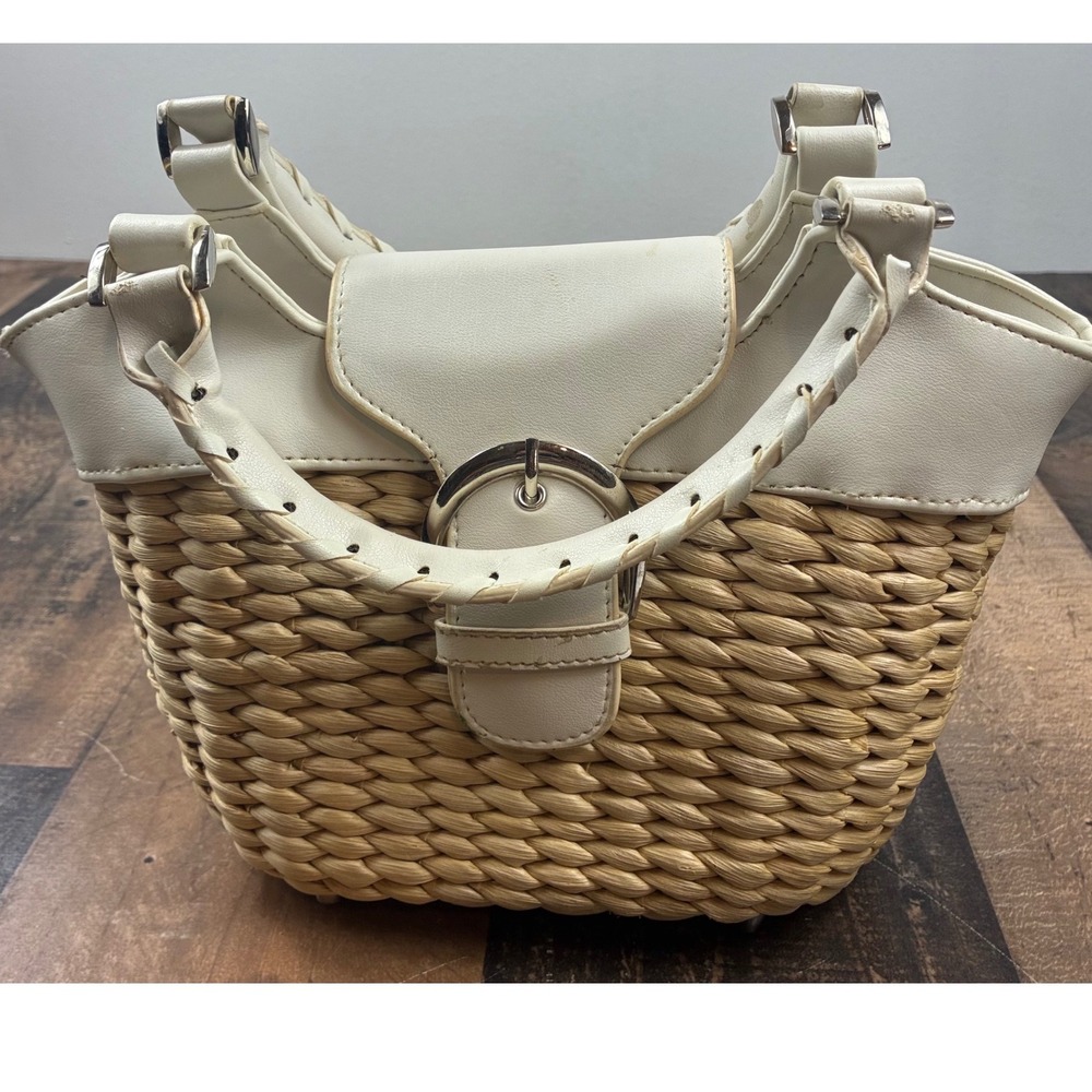 Accessory Street Straw Satchel Bag Women Small White Woven Wicker Buckle Handbag